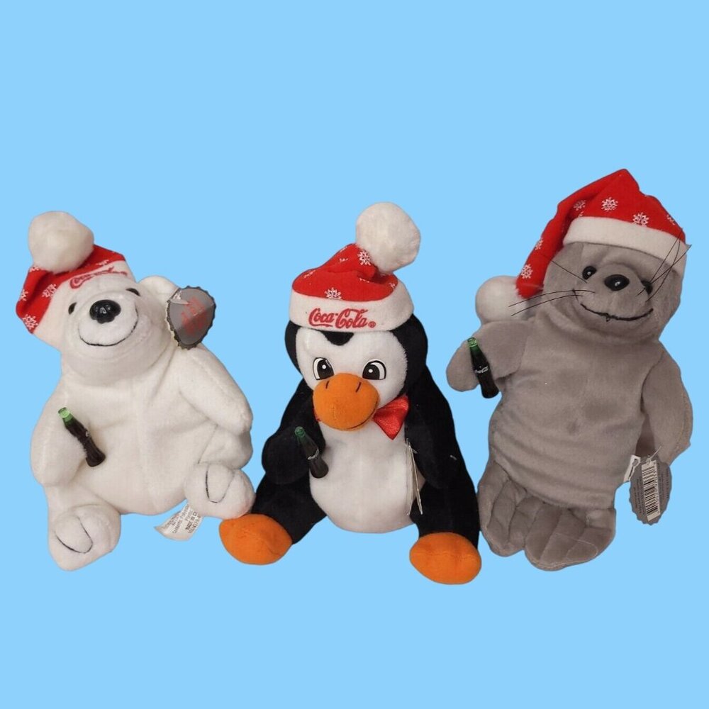 Vintage Lot of 3 Coca Cola Bean Bag Plush Penguin Polar Bear Seal Stuffed Animal